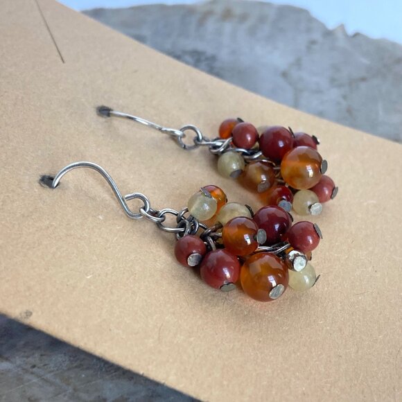 Sterling Silver 925 Beaded Red Jasper Multi-stone Dangle Drop Earrings - Picture 5 of 16